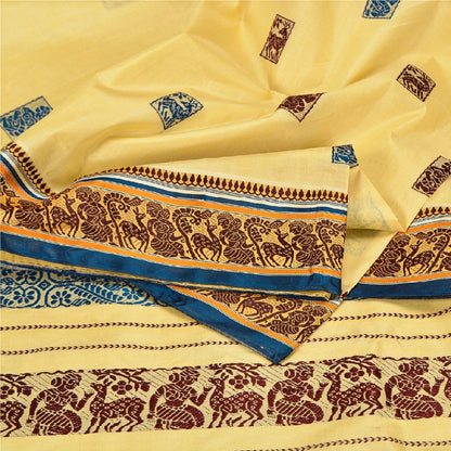 Sanskriti Vintage Craft Fabric Cream Baluchari Woven Sarees Pure Silk 5+YD Sari