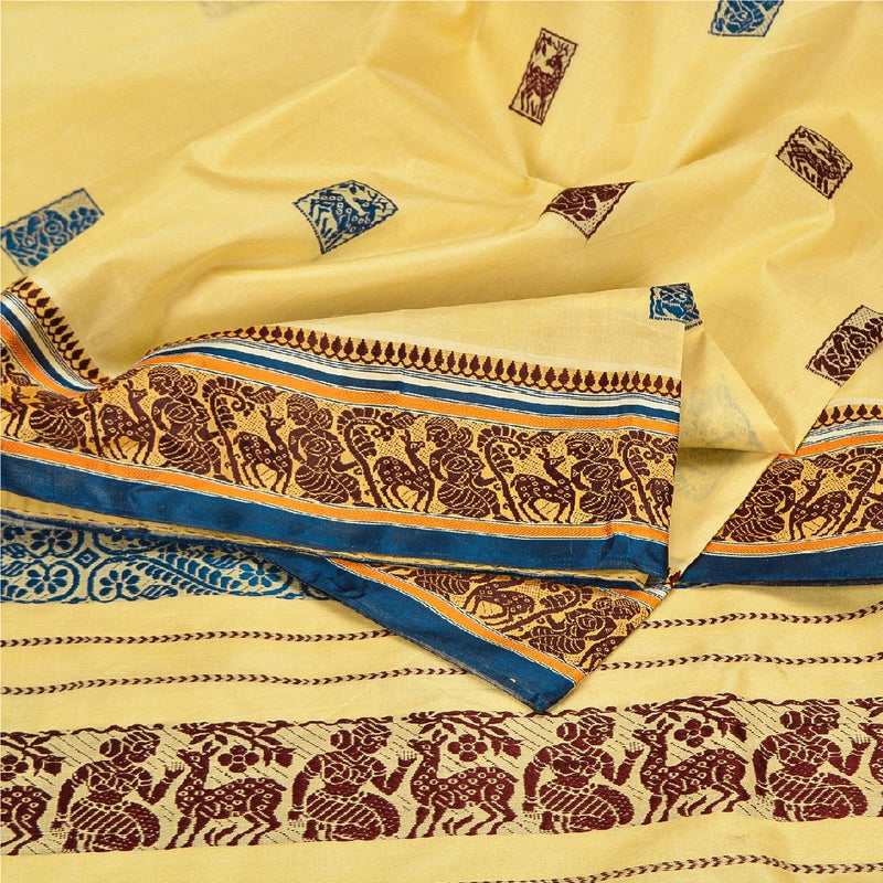 Sanskriti Vintage Craft Fabric Cream Baluchari Woven Sarees Pure Silk 5+YD Sari
