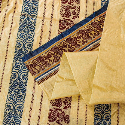 Sanskriti Vintage Craft Fabric Cream Baluchari Woven Sarees Pure Silk 5+YD Sari