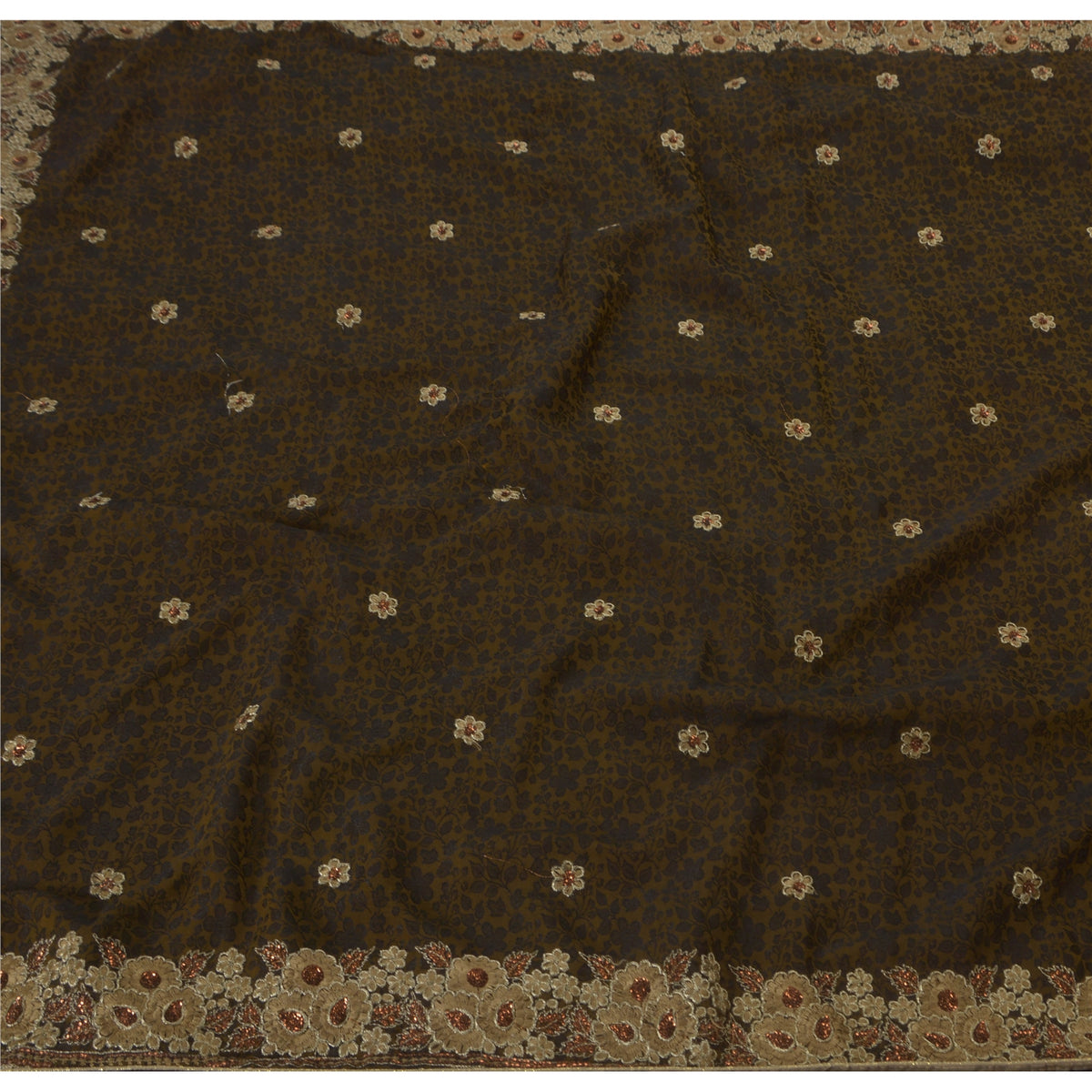 Sanskriti Vintage Embroidered-Printed Art Silk Saree Green Sari 5Yd Craft Fabric