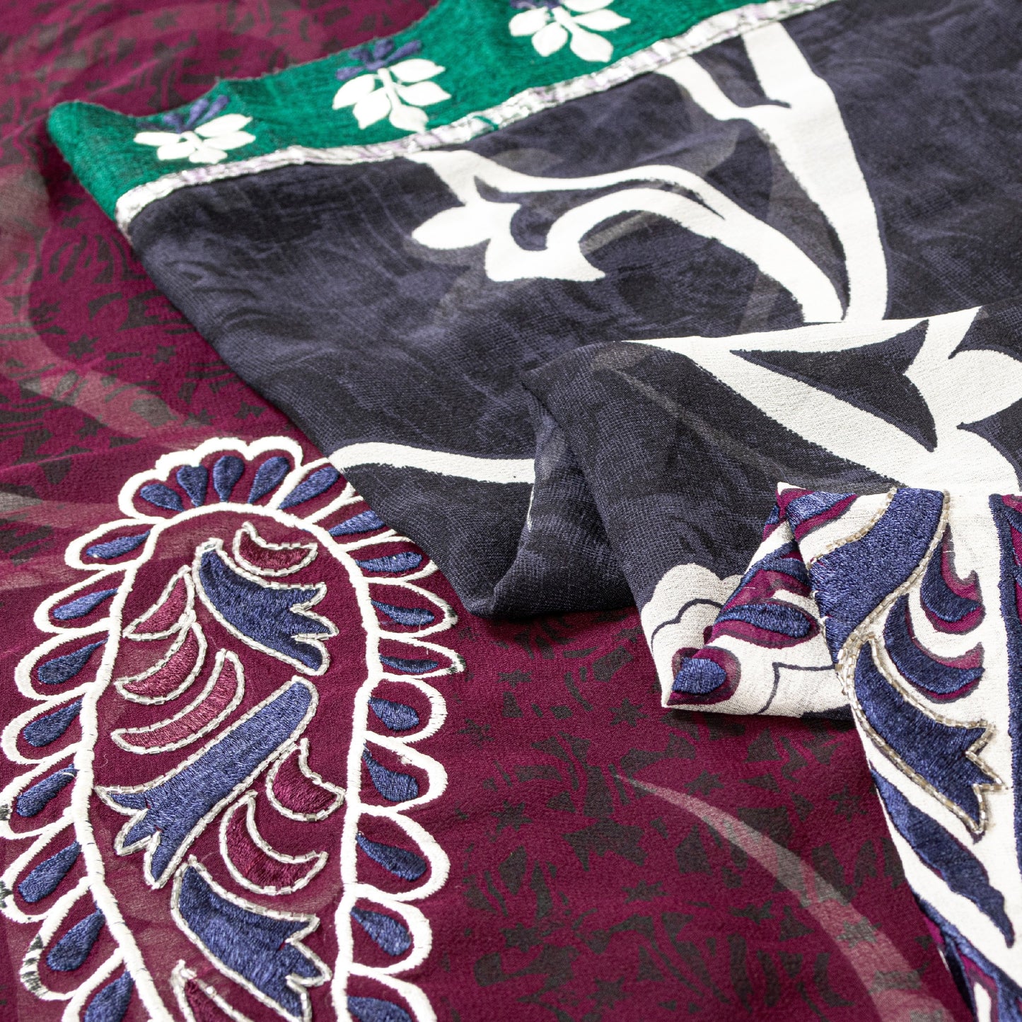 Sanskriti vintage Black-Purple Sarees Pure Georgette Hand Bead Fabric 5 Yd Sari