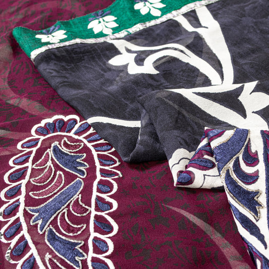 Sanskriti vintage Black-Purple Sarees Pure Georgette Hand Bead Fabric 5 Yd Sari