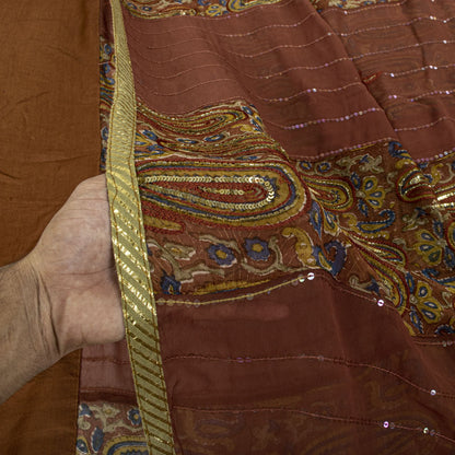 Sanskriti Vintage Hand Bead-Woven Pure Georgette Saree Brown Sari Craft Fabric
