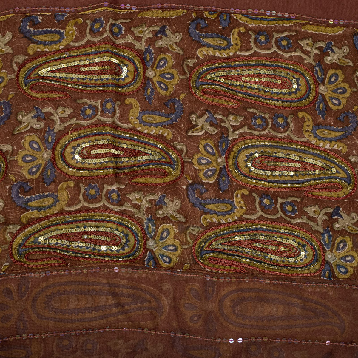 Sanskriti Vintage Hand Bead-Woven Pure Georgette Saree Brown Sari Craft Fabric