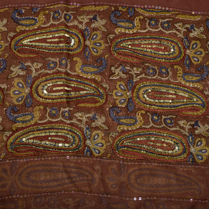 Sanskriti Vintage Hand Bead-Woven Pure Georgette Saree Brown Sari Craft Fabric