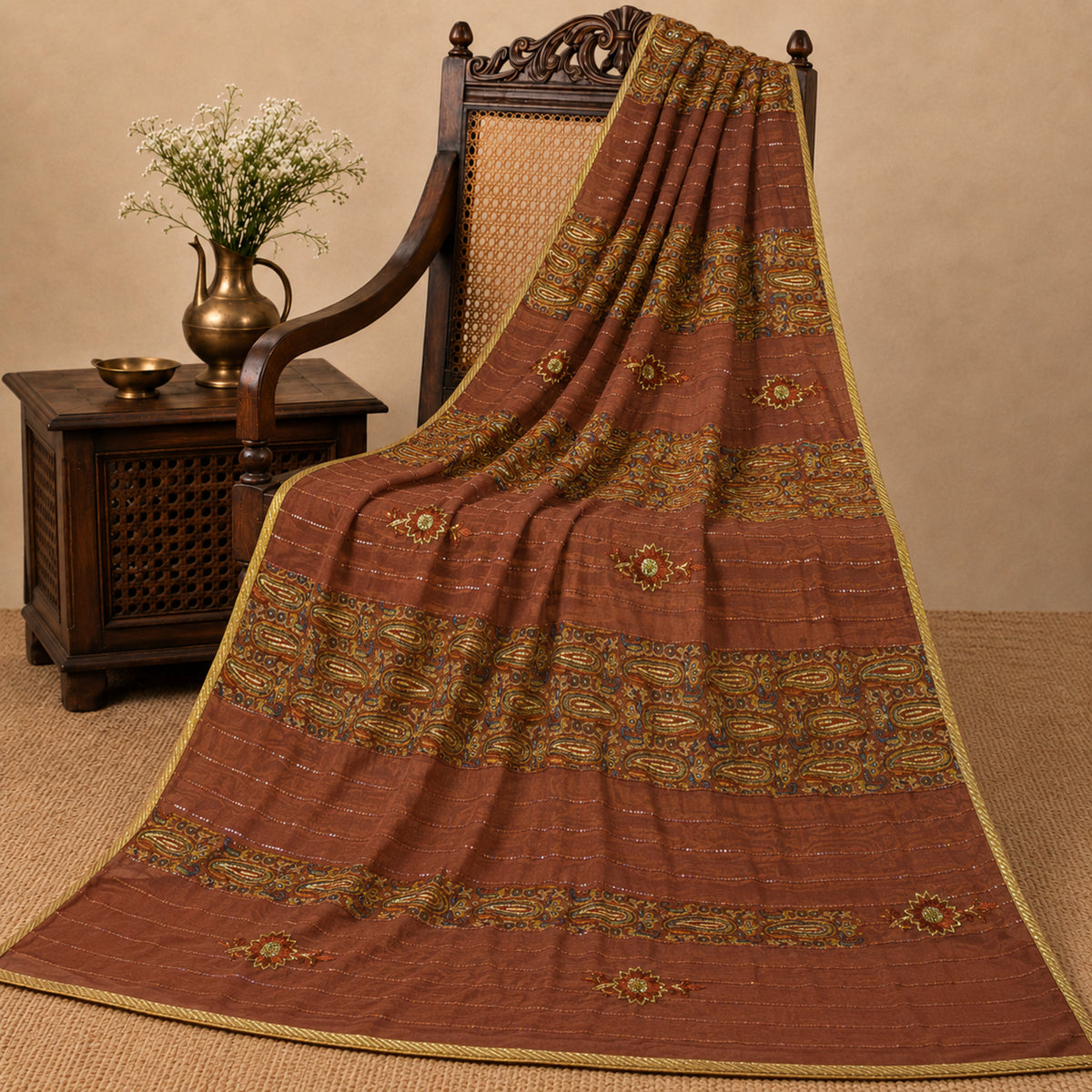 Sanskriti Vintage Hand Bead-Woven Pure Georgette Saree Brown Sari Craft Fabric