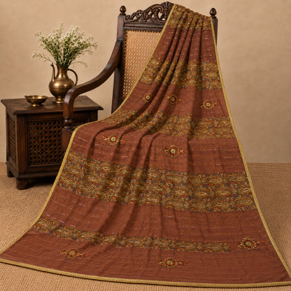 Sanskriti Vintage Hand Bead-Woven Pure Georgette Saree Brown Sari Craft Fabric