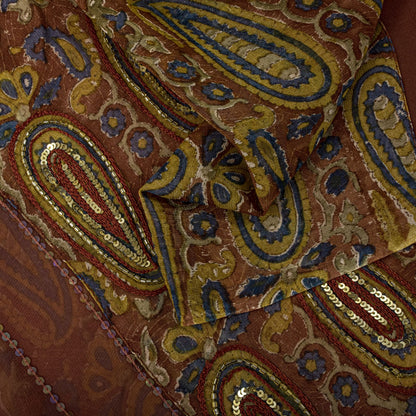 Sanskriti Vintage Hand Bead-Woven Pure Georgette Saree Brown Sari Craft Fabric