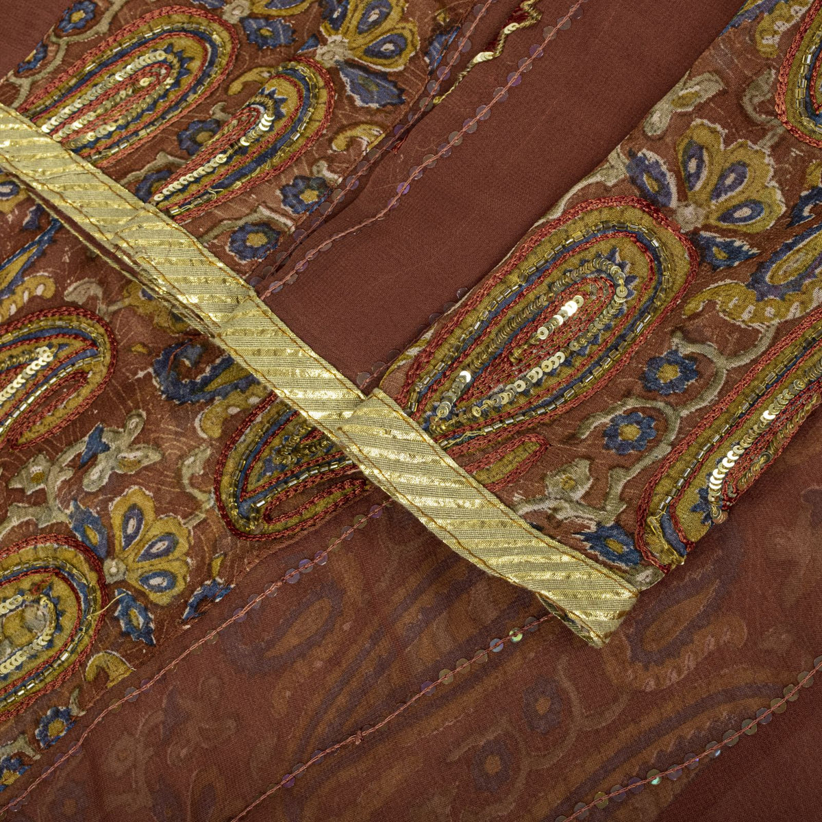 Sanskriti Vintage Hand Bead-Woven Pure Georgette Saree Brown Sari Craft Fabric