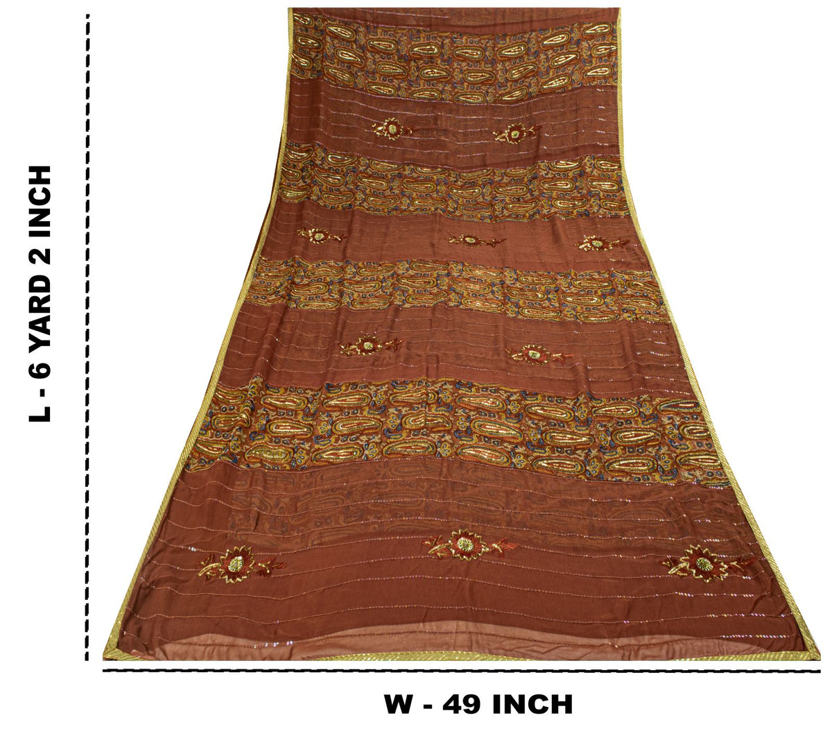 Sanskriti Vintage Hand Bead-Woven Pure Georgette Saree Brown Sari Craft Fabric