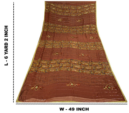 Sanskriti Vintage Hand Bead-Woven Pure Georgette Saree Brown Sari Craft Fabric