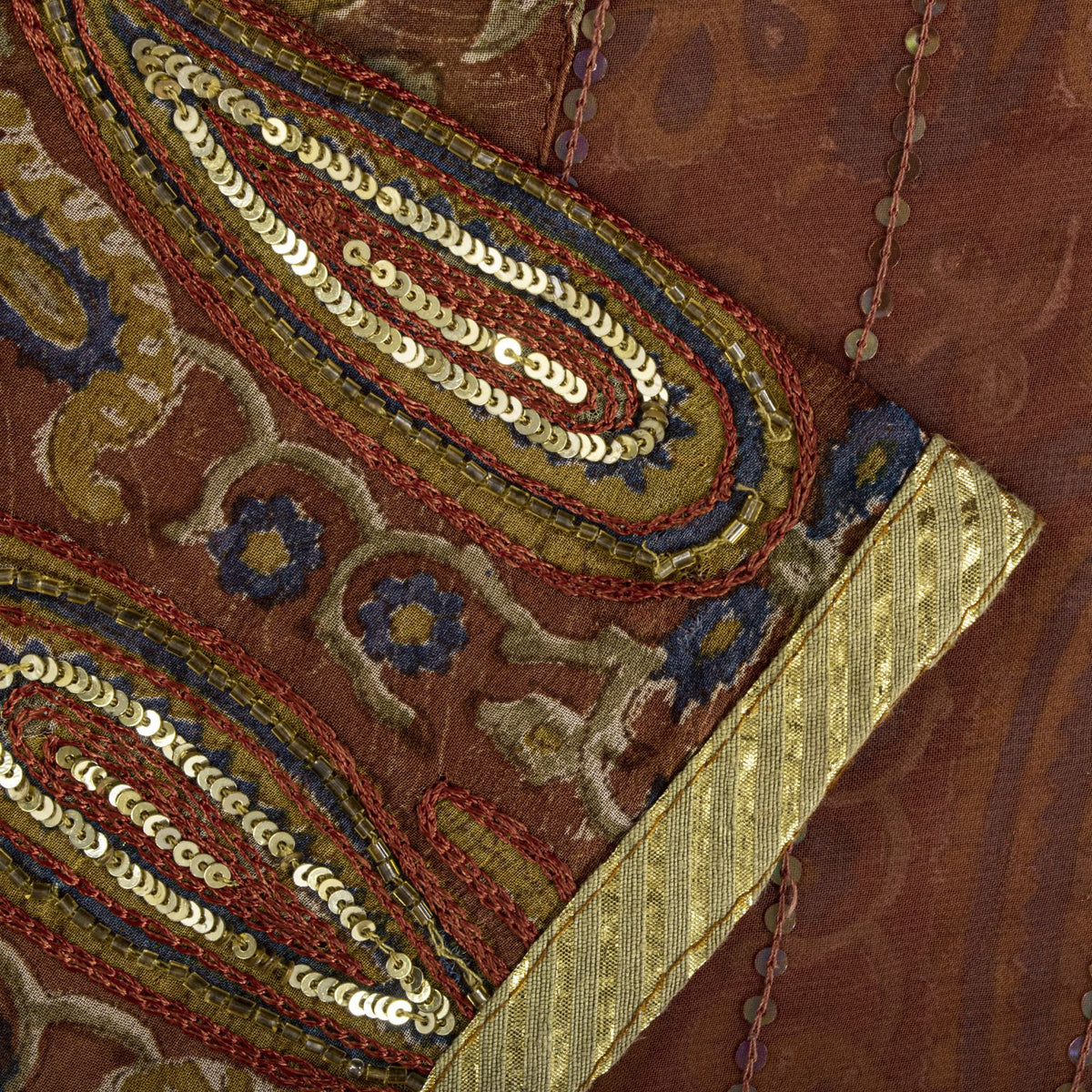 Sanskriti Vintage Hand Bead-Woven Pure Georgette Saree Brown Sari Craft Fabric