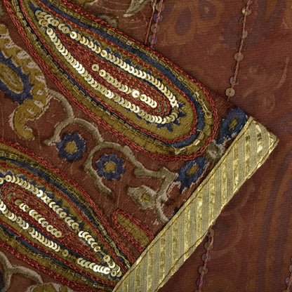 Sanskriti Vintage Hand Bead-Woven Pure Georgette Saree Brown Sari Craft Fabric