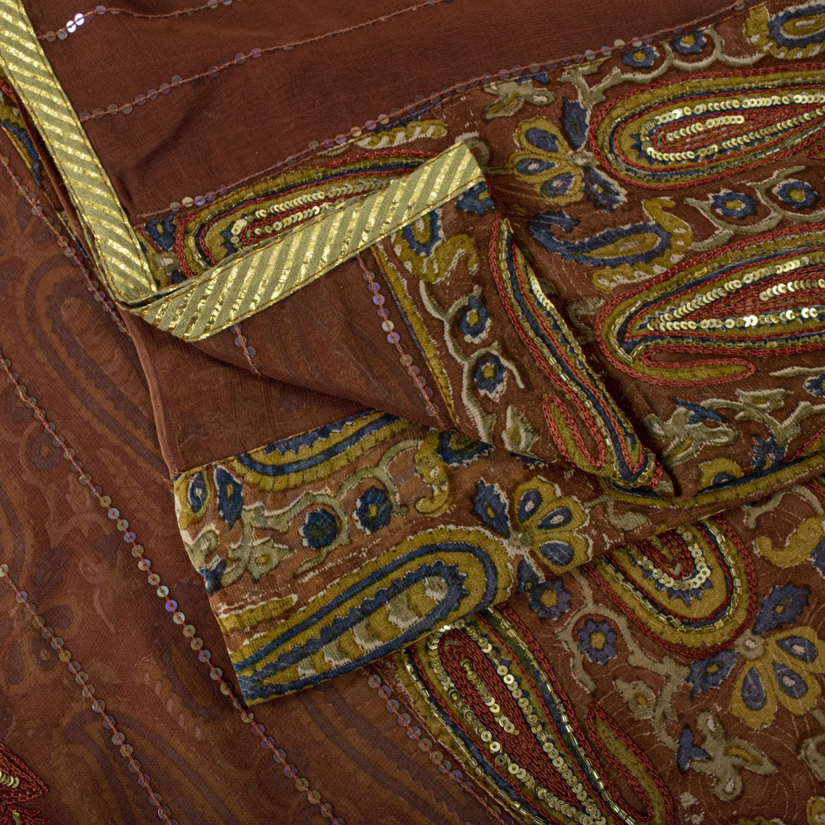 Sanskriti Vintage Hand Bead-Woven Pure Georgette Saree Brown Sari Craft Fabric
