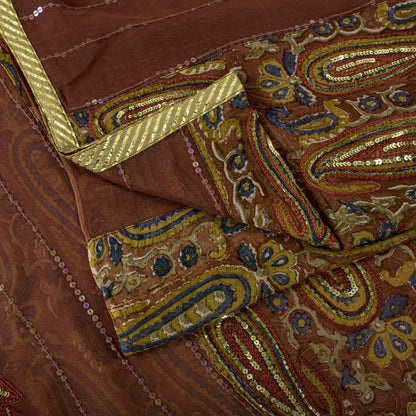 Sanskriti Vintage Hand Bead-Woven Pure Georgette Saree Brown Sari Craft Fabric