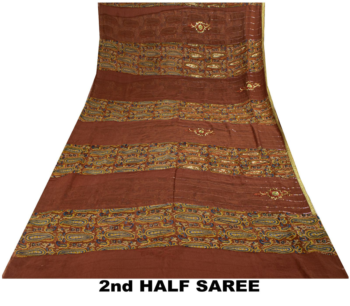 Sanskriti Vintage Hand Bead-Woven Pure Georgette Saree Brown Sari Craft Fabric