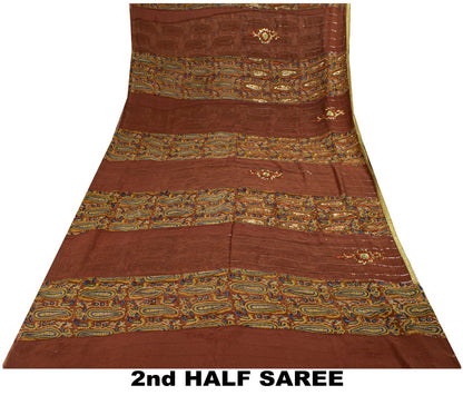 Sanskriti Vintage Hand Bead-Woven Pure Georgette Saree Brown Sari Craft Fabric
