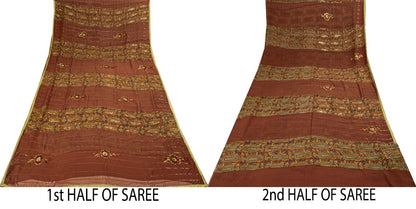 Sanskriti Vintage Hand Bead-Woven Pure Georgette Saree Brown Sari Craft Fabric
