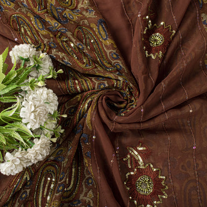 Sanskriti Vintage Hand Bead-Woven Pure Georgette Saree Brown Sari Craft Fabric