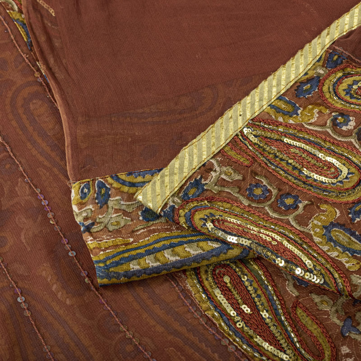 Sanskriti Vintage Hand Bead-Woven Pure Georgette Saree Brown Sari Craft Fabric