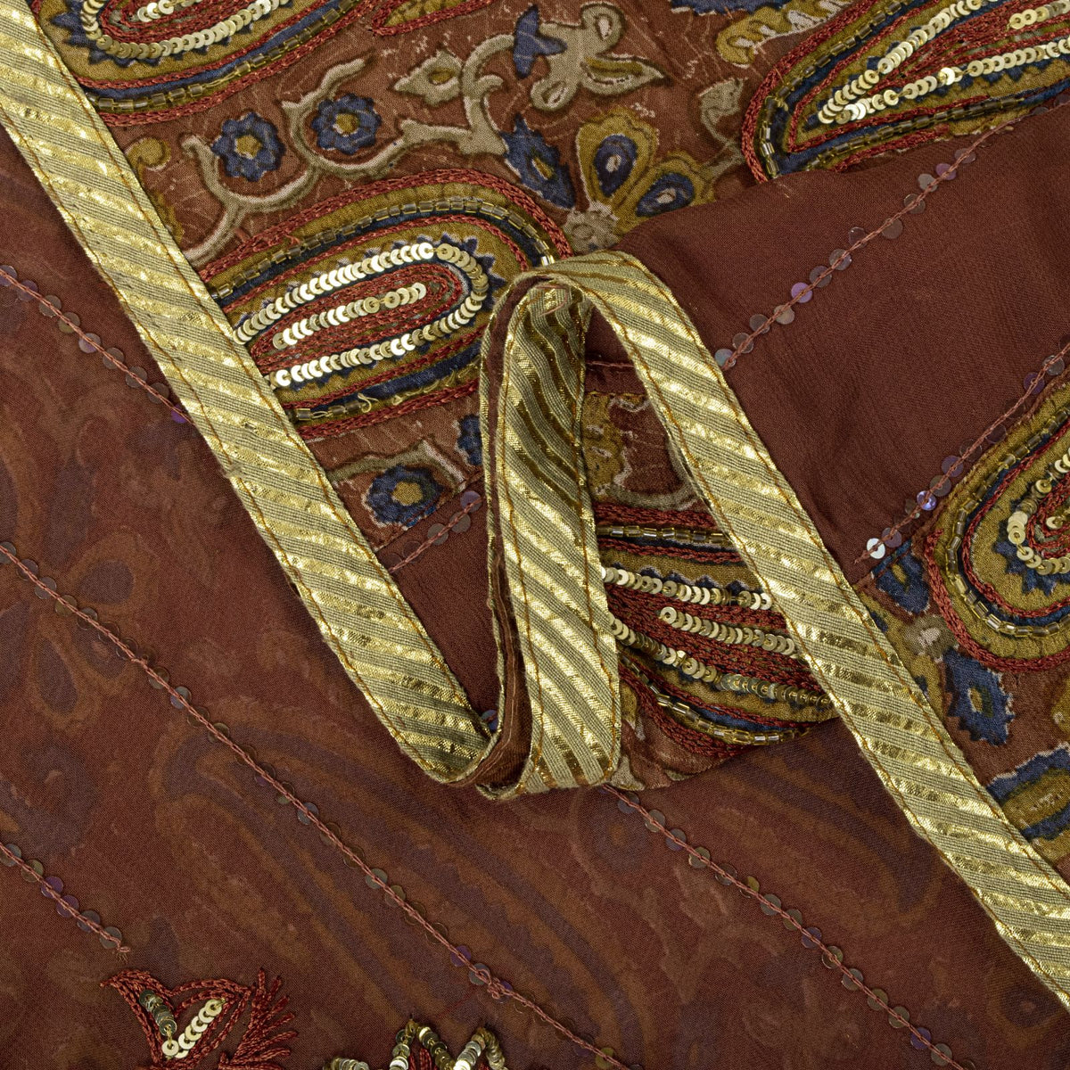 Sanskriti Vintage Hand Bead-Woven Pure Georgette Saree Brown Sari Craft Fabric
