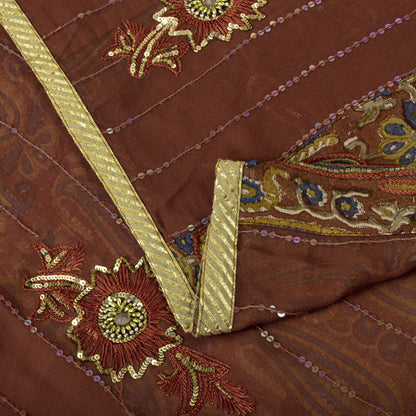 Sanskriti Vintage Hand Bead-Woven Pure Georgette Saree Brown Sari Craft Fabric