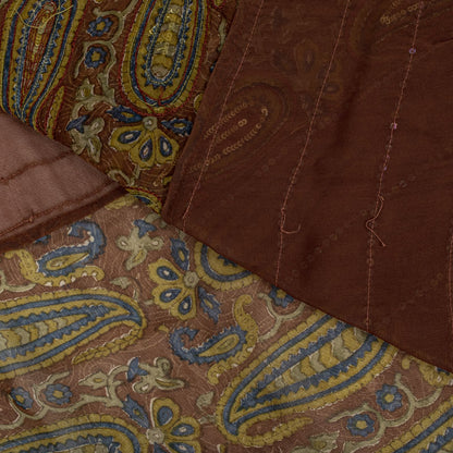 Sanskriti Vintage Hand Bead-Woven Pure Georgette Saree Brown Sari Craft Fabric