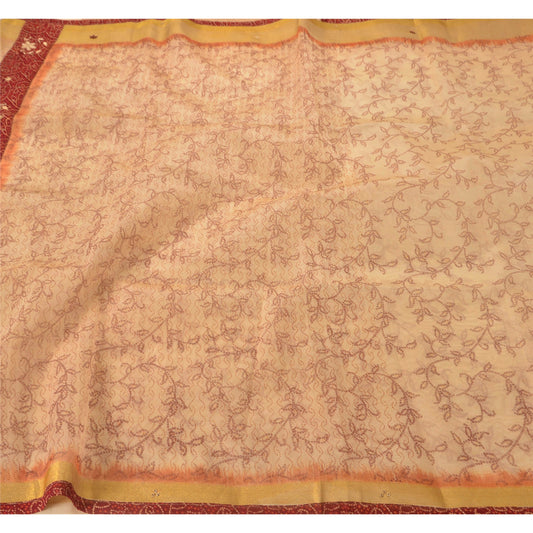 Sanskriti Vintage Bandhani-Hand Embroidered Art Silk Saree Cream Sari 5Yd Fabric