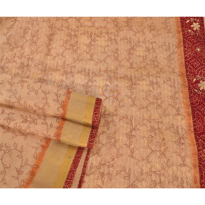 Sanskriti Vintage Bandhani-Hand Embroidered Art Silk Saree Cream Sari 5Yd Fabric
