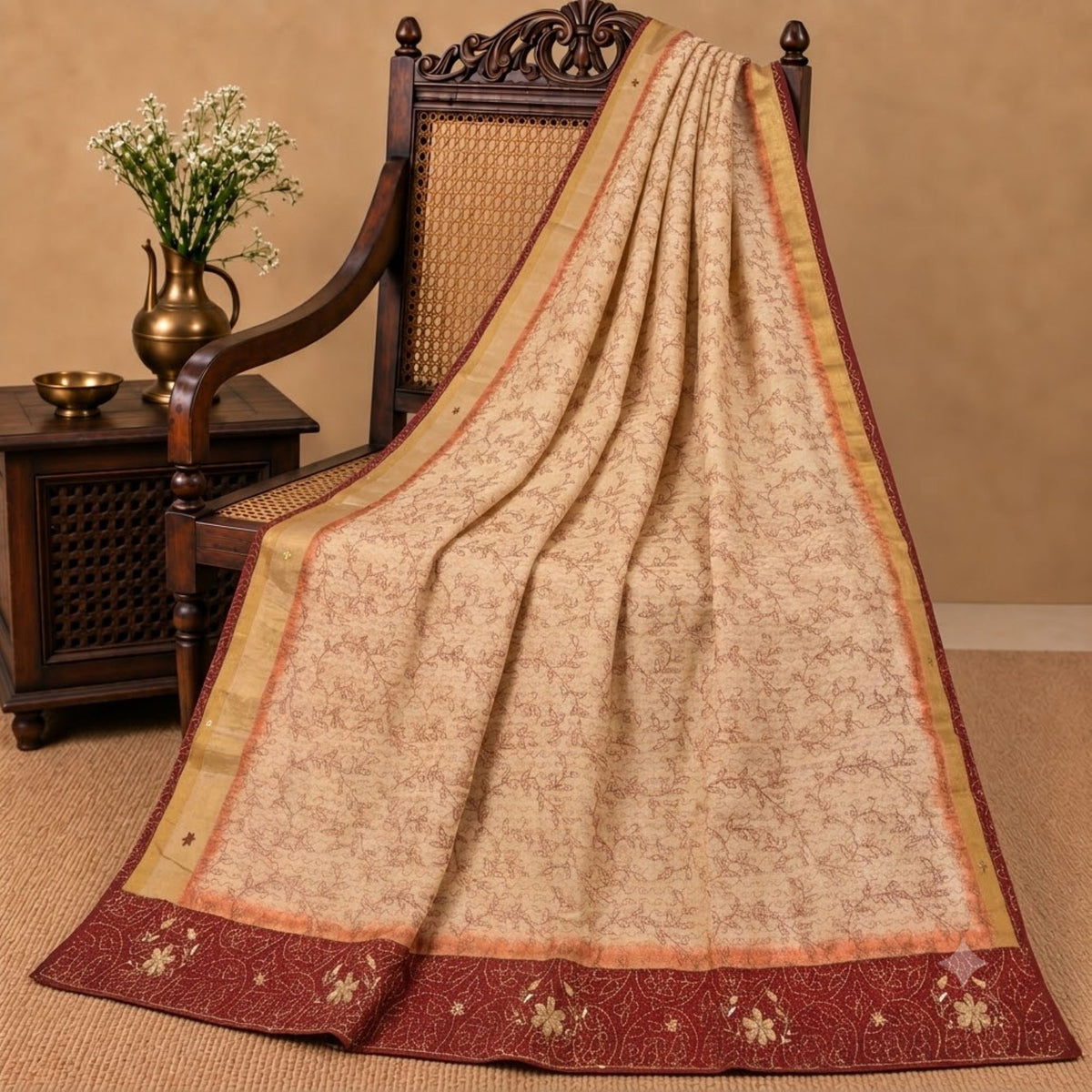 Sanskriti Vintage Bandhani-Hand Embroidered Art Silk Saree Cream Sari 5Yd Fabric