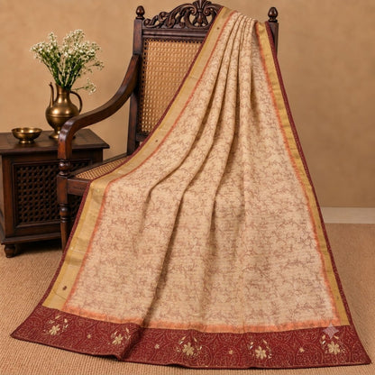 Sanskriti Vintage Bandhani-Hand Embroidered Art Silk Saree Cream Sari 5Yd Fabric