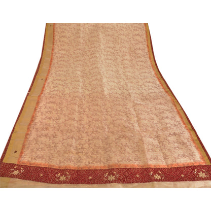 Sanskriti Vintage Bandhani-Hand Embroidered Art Silk Saree Cream Sari 5Yd Fabric