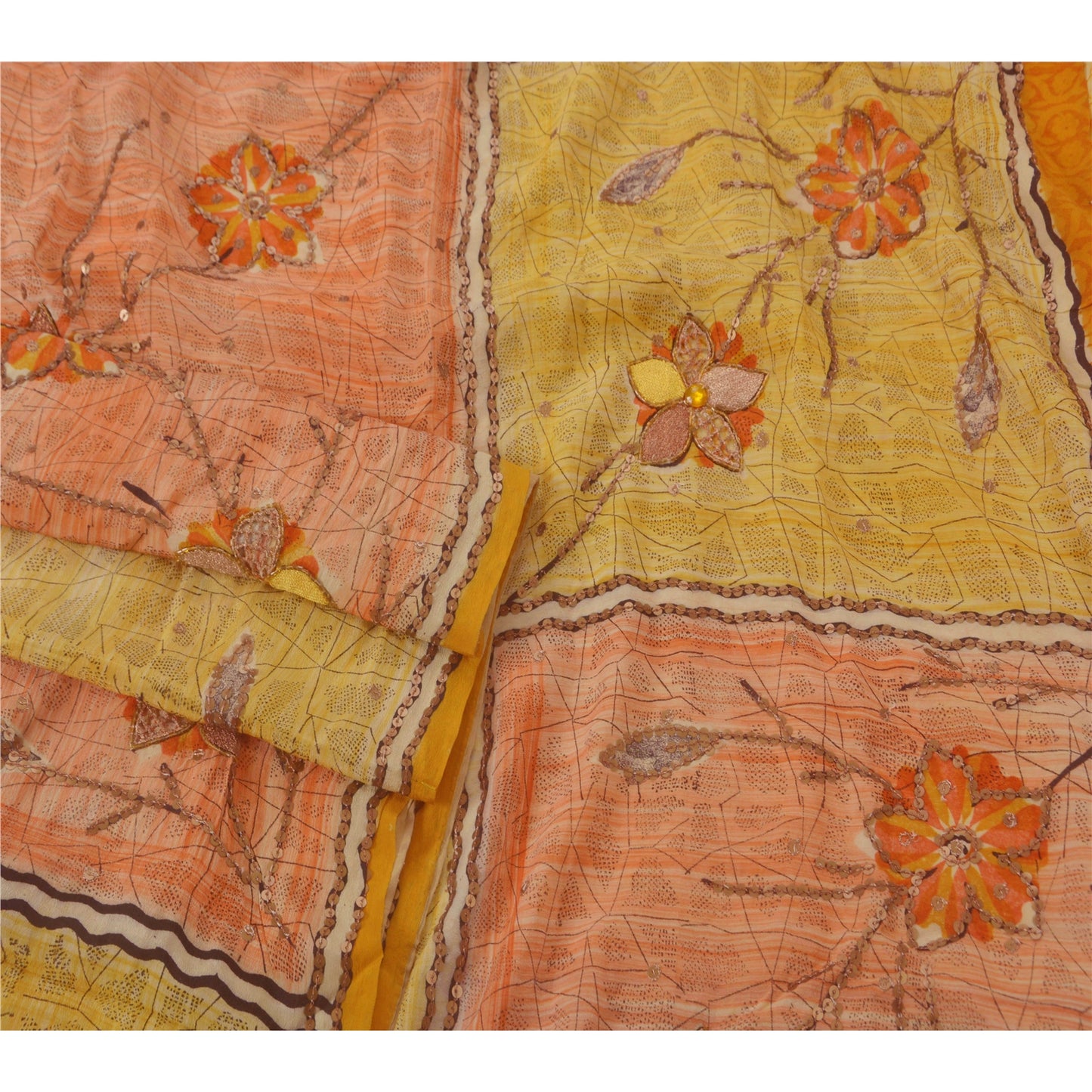 Sanskriti Vintage Orange Sarees Pure Crepe Silk Hand Beaded Fabric Craft Sari