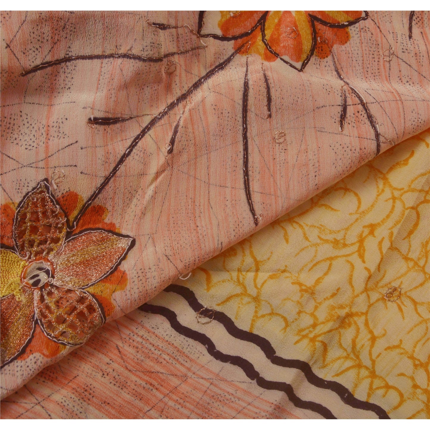 Sanskriti Vintage Orange Sarees Pure Crepe Silk Hand Beaded Fabric Craft Sari