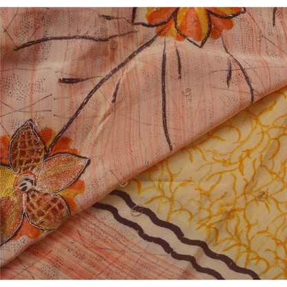 Sanskriti Vintage Orange Sarees Pure Crepe Silk Hand Beaded Fabric Craft Sari