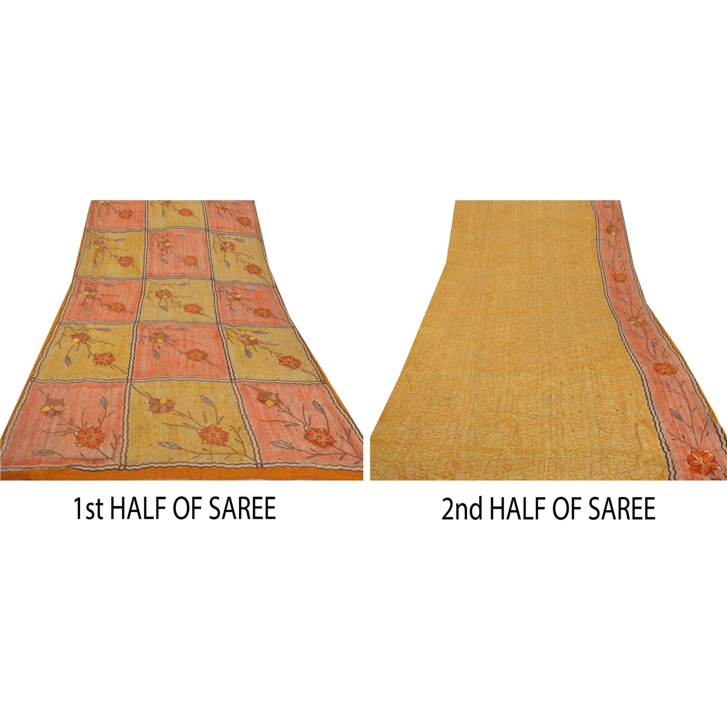 Sanskriti Vintage Orange Sarees Pure Crepe Silk Hand Beaded Fabric Craft Sari