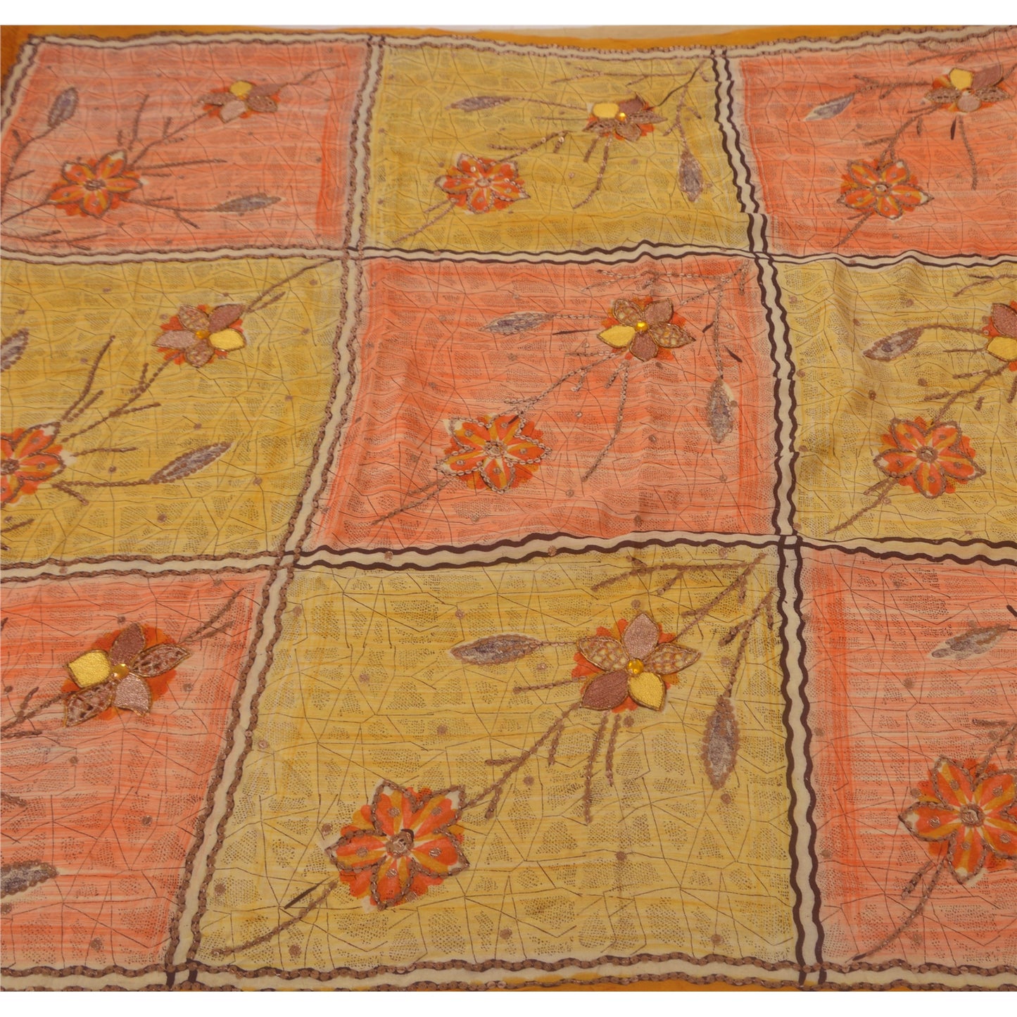 Sanskriti Vintage Orange Sarees Pure Crepe Silk Hand Beaded Fabric Craft Sari