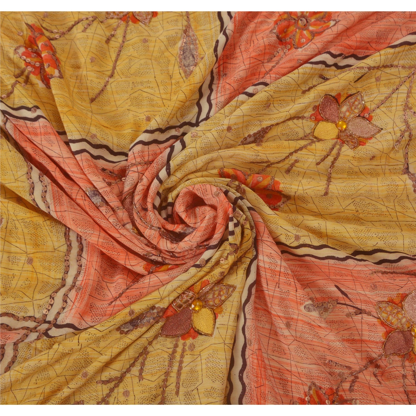 Sanskriti Vintage Orange Sarees Pure Crepe Silk Hand Beaded Fabric Craft Sari