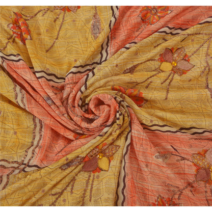 Sanskriti Vintage Orange Sarees Pure Crepe Silk Hand Beaded Fabric Craft Sari