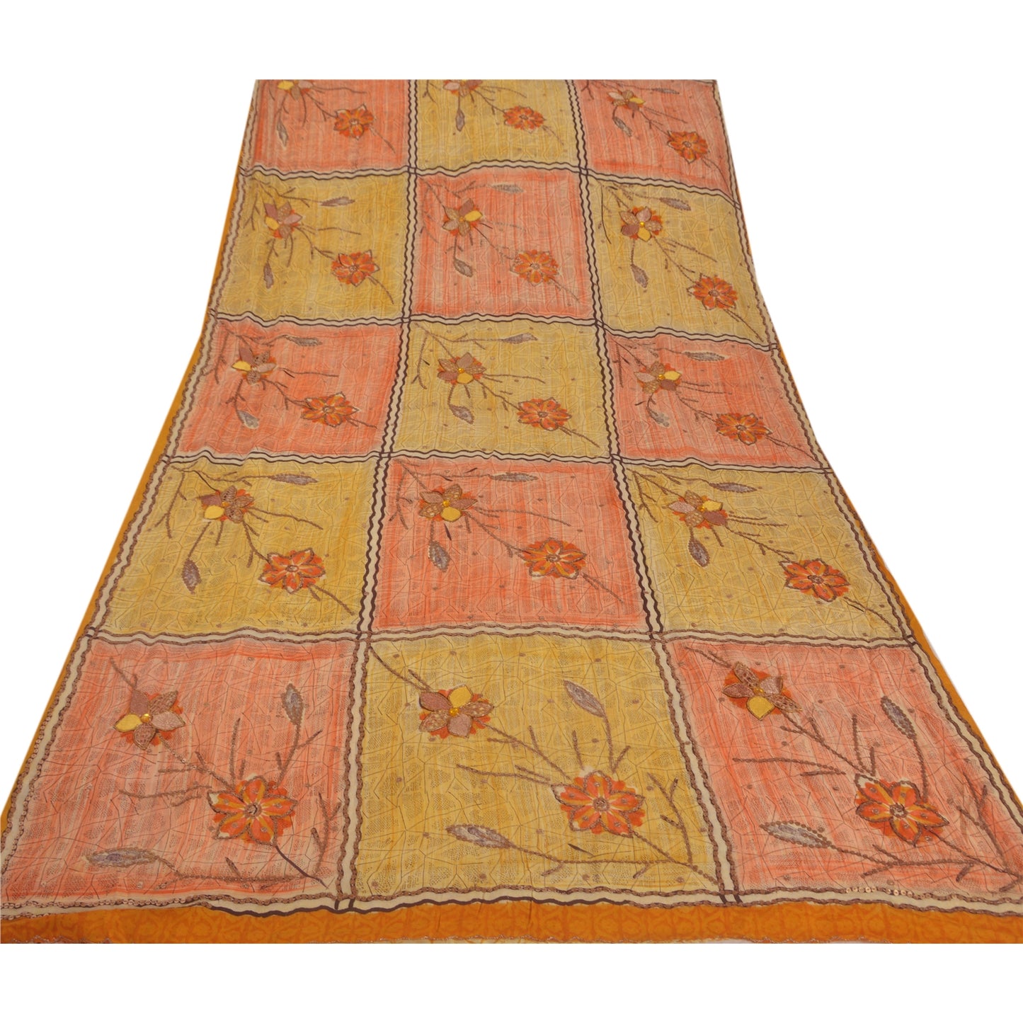 Sanskriti Vintage Orange Sarees Pure Crepe Silk Hand Beaded Fabric Craft Sari