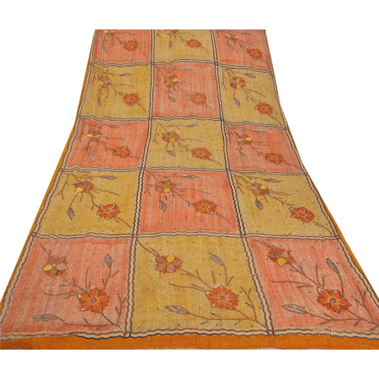 Sanskriti Vintage Orange Sarees Pure Crepe Silk Hand Beaded Fabric Craft Sari