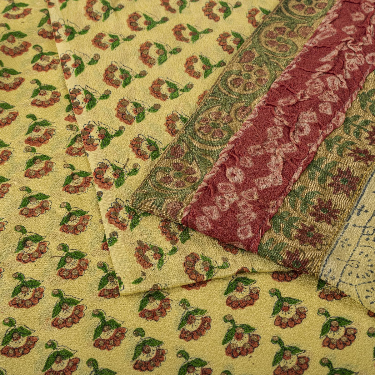Sanskriti Vintage Saree Block Print-Bandhani Patch Blend Georgette Beige Sari