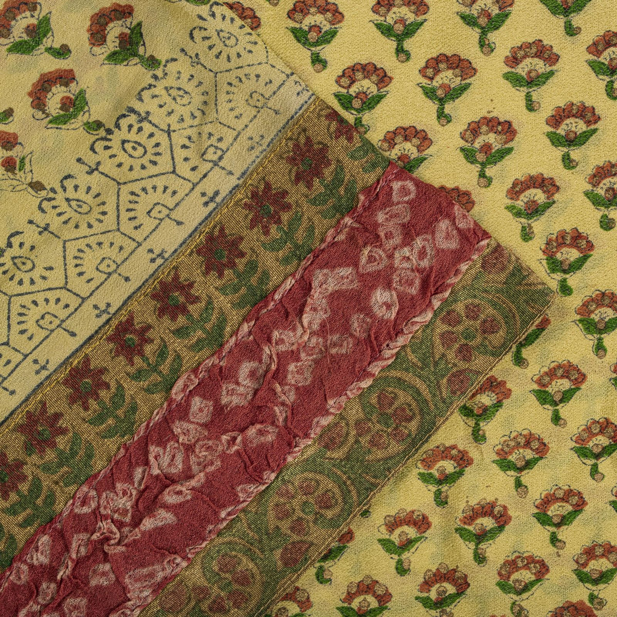 Sanskriti Vintage Saree Block Print-Bandhani Patch Blend Georgette Beige Sari
