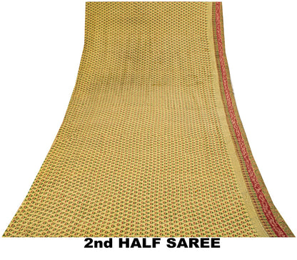 Sanskriti Vintage Saree Block Print-Bandhani Patch Blend Georgette Beige Sari