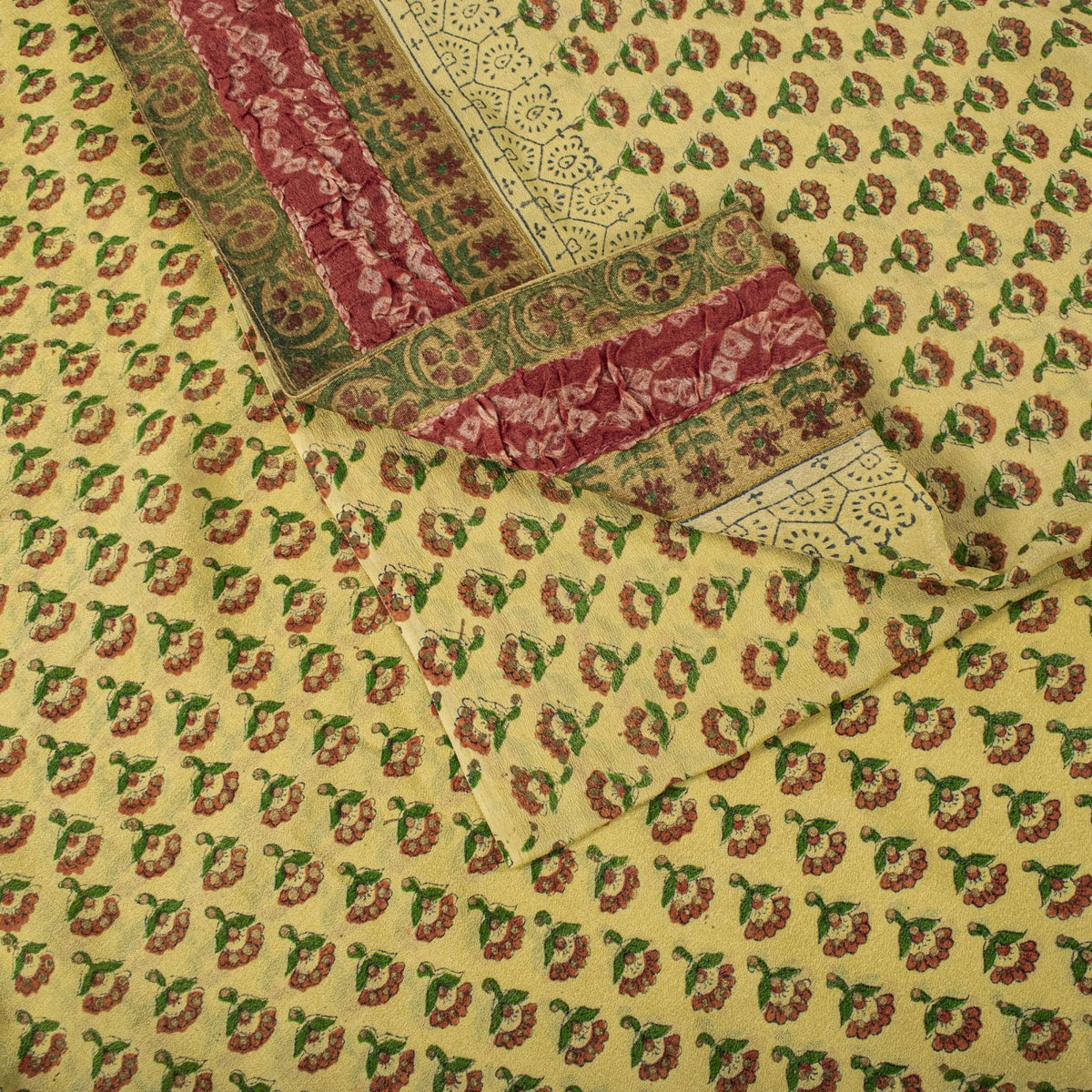 Sanskriti Vintage Saree Block Print-Bandhani Patch Blend Georgette Beige Sari