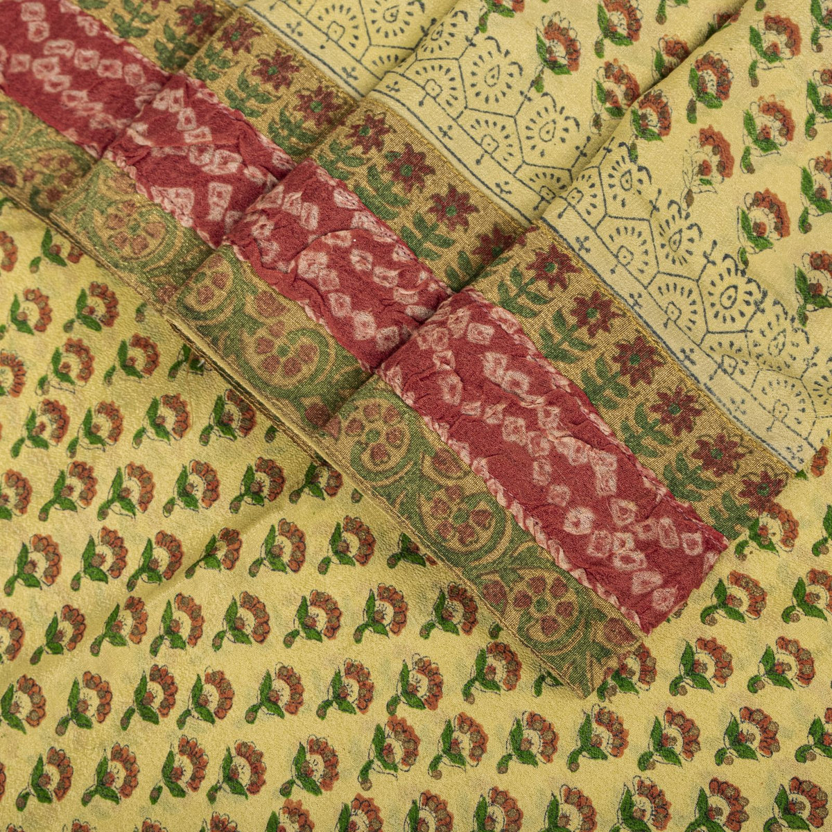 Sanskriti Vintage Saree Block Print-Bandhani Patch Blend Georgette Beige Sari