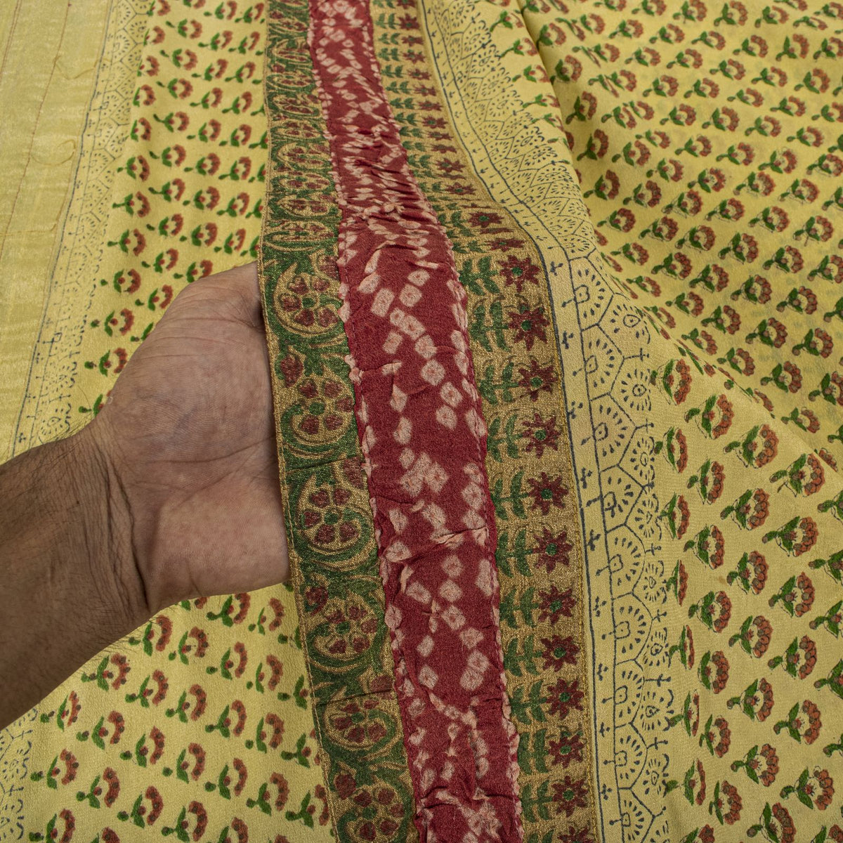 Sanskriti Vintage Saree Block Print-Bandhani Patch Blend Georgette Beige Sari