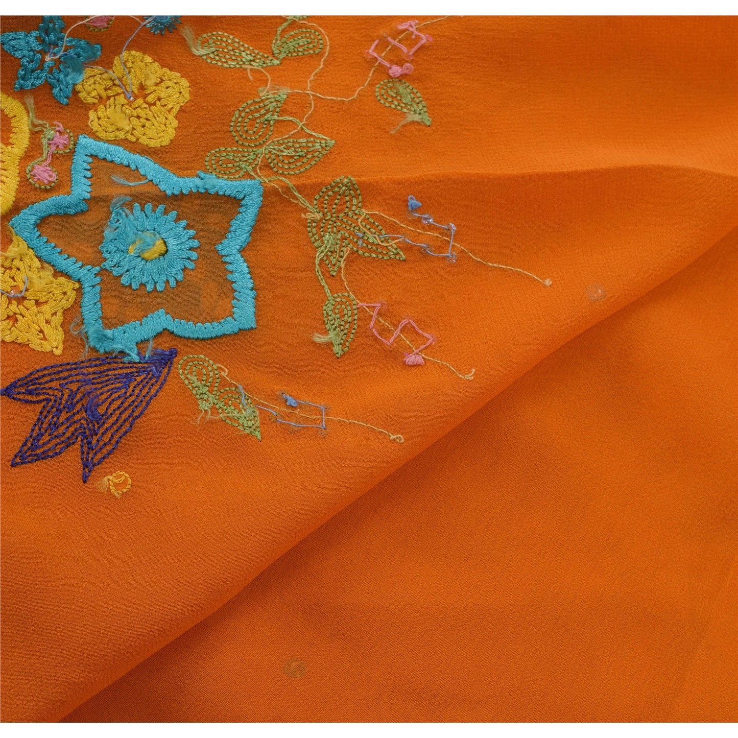 Sanskriti vintage Orange Sarees Georgette Hand Beaded Craft Fabric Premium Sari