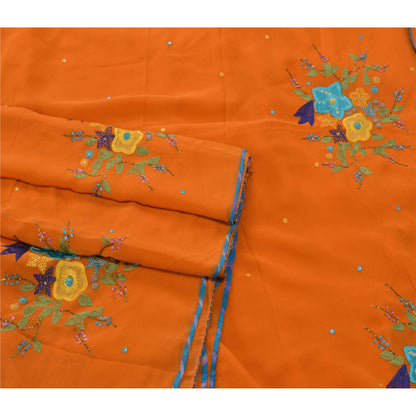 Sanskriti vintage Orange Sarees Georgette Hand Beaded Craft Fabric Premium Sari
