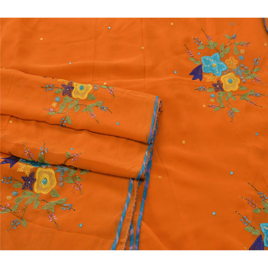 Sanskriti vintage Orange Sarees Georgette Hand Beaded Craft Fabric Premium Sari
